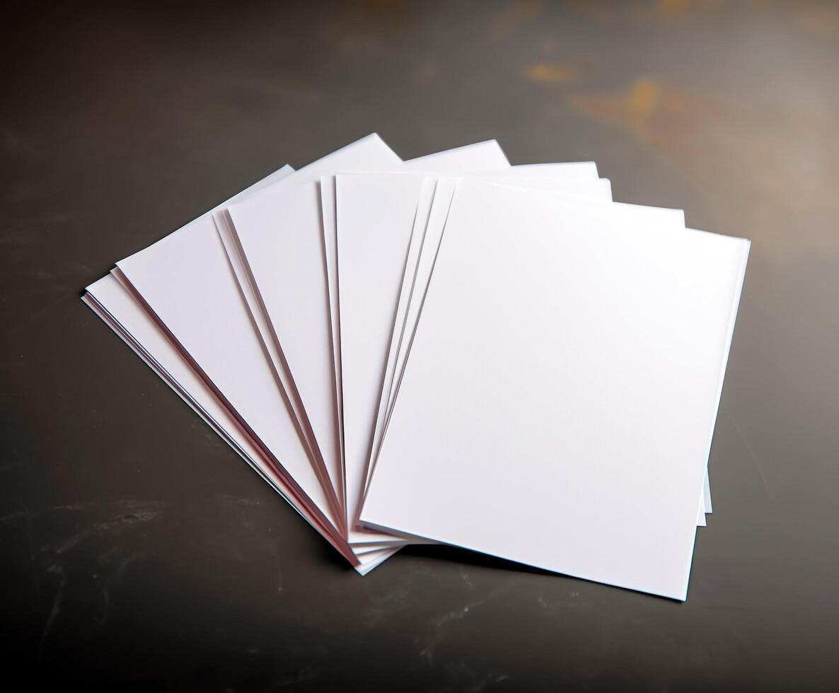 Stack of blank white paper on dark surface. photo