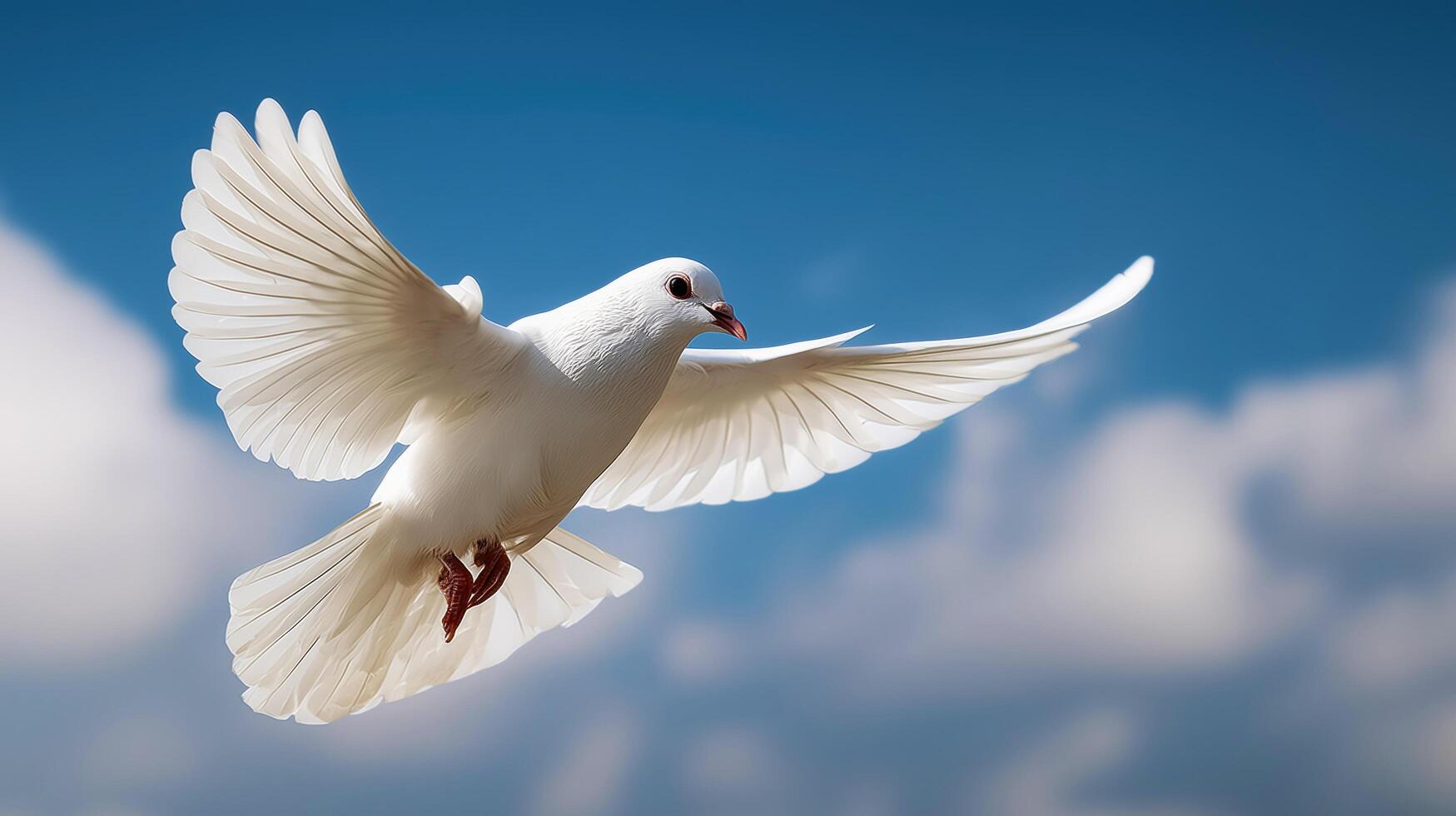 White dove soaring in blue sky with clouds photo