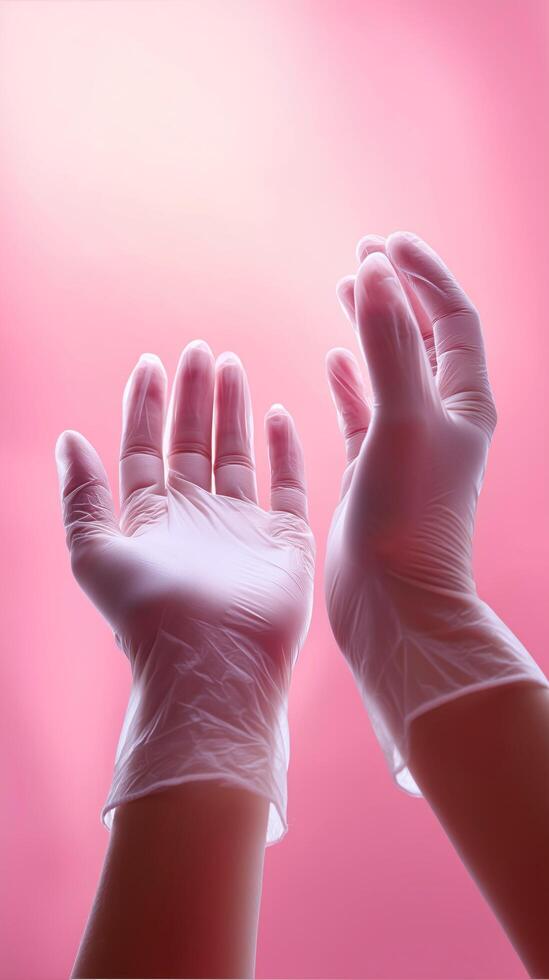 Hands wearing gloves, pink background glow. photo