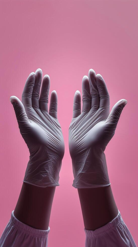 Two hands of doctor reaching upward from the top of the frame palms gently open as if ready to receive or support photo
