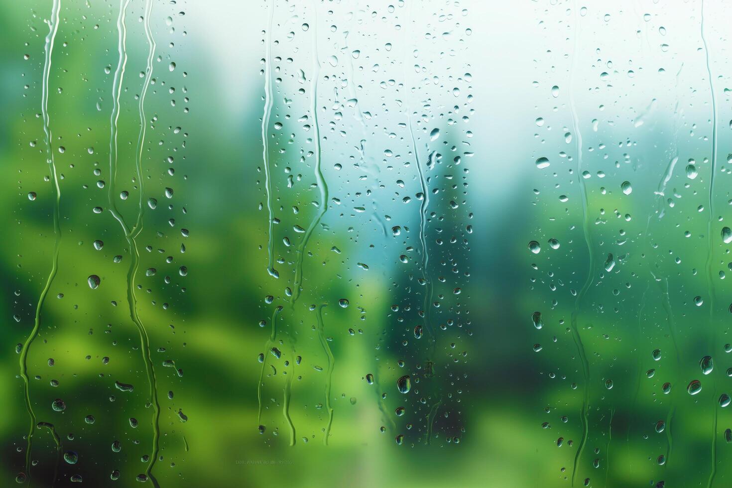 Rainy window with blurred green landscape view. photo