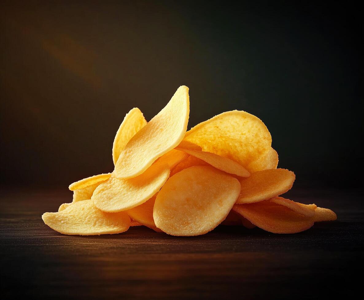 Crispy potato chips in a moody dark setting. photo