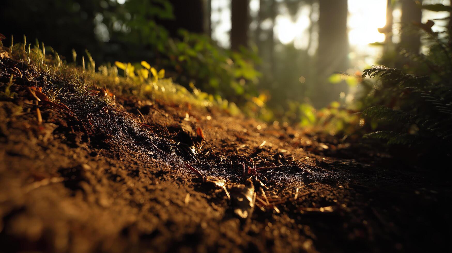 Sunrise through forest illuminating soil texture. photo