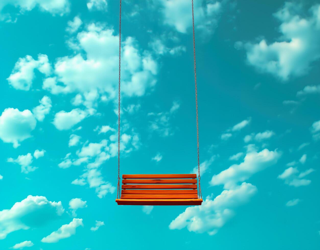 Wooden swing hanging in a vibrant sky with fluffy clouds. photo