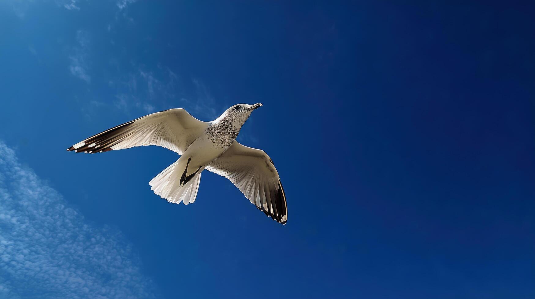 Seagull soaring in clear blue sky, wings spread wide in flight. photo