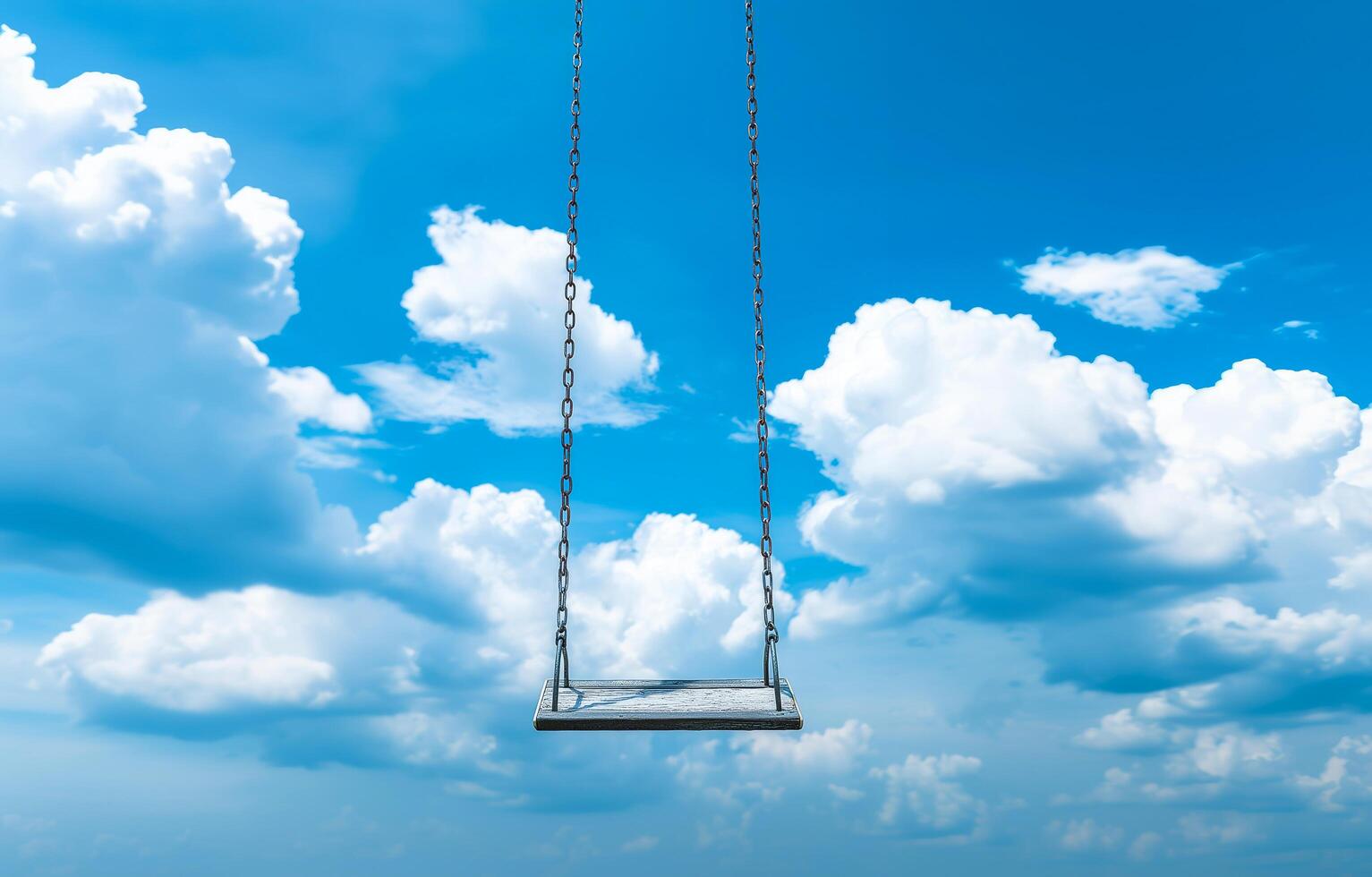 Swing in the sky with fluffy clouds and bright blue backdrop. photo