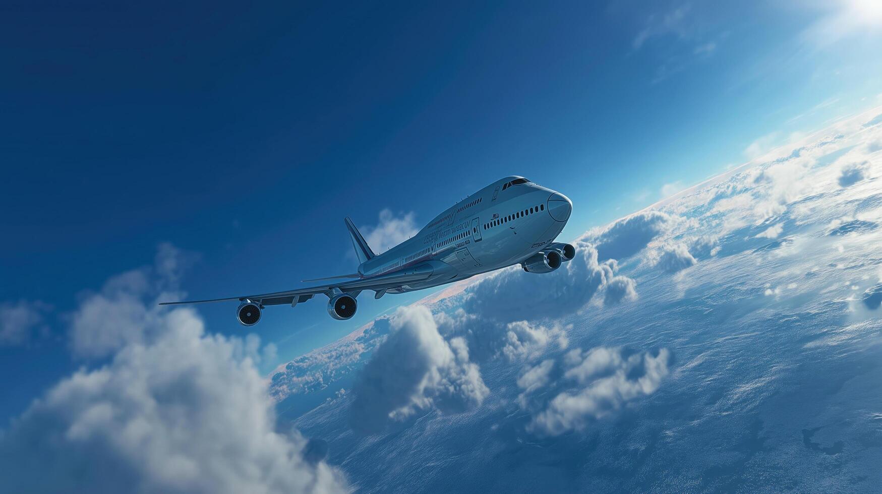 Airplane flying high above clouds in bright blue sky photo