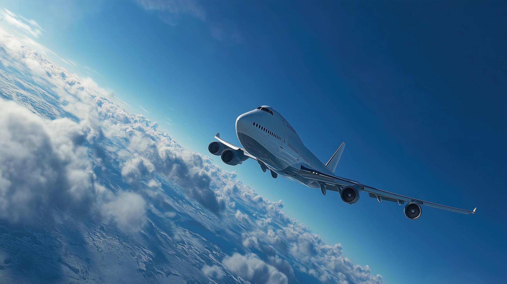 Airplane soaring through clouds against a bright blue sky. photo