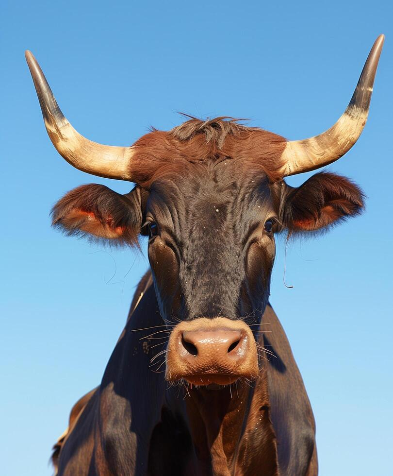 Cow with horns is standing in front of a blue sky photo