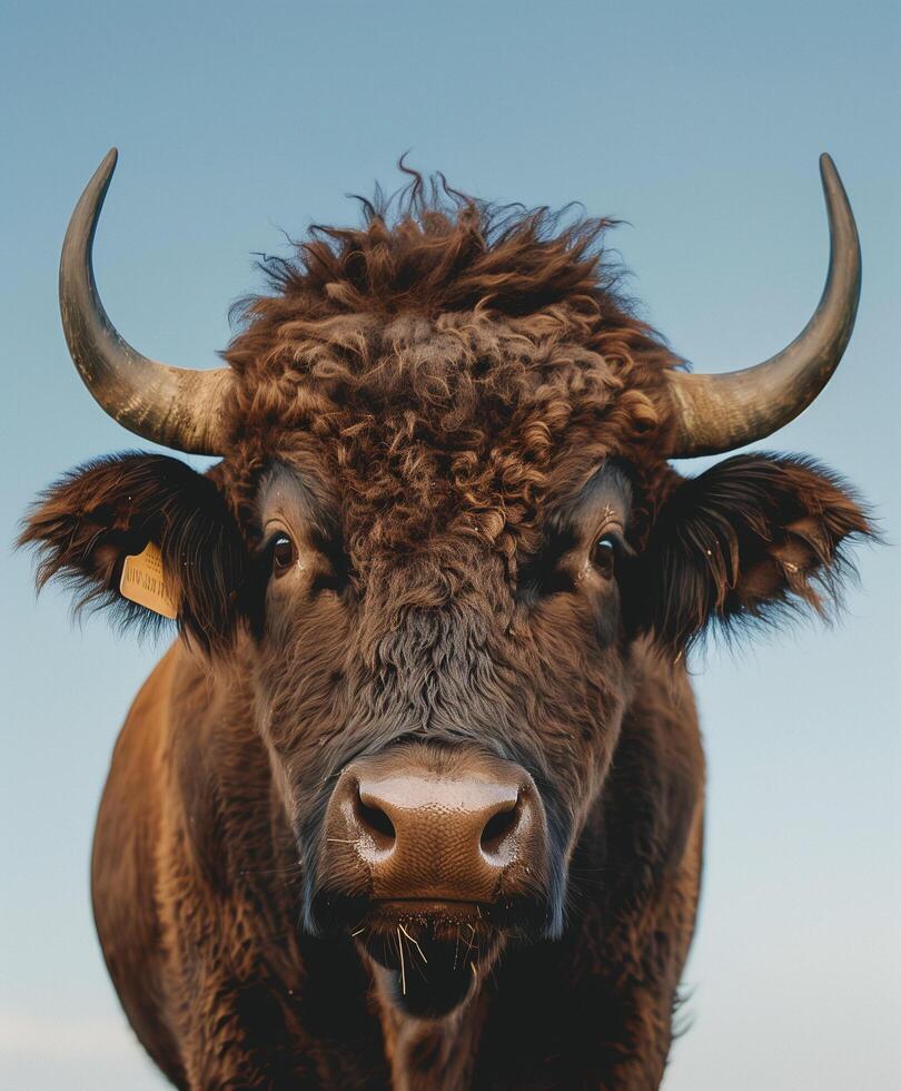 Brown cow with horns and a tag on its ear photo