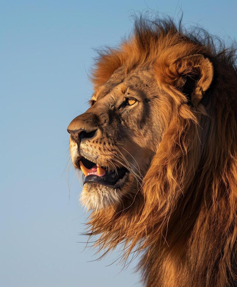 Lion with a long mane and a mouth open photo