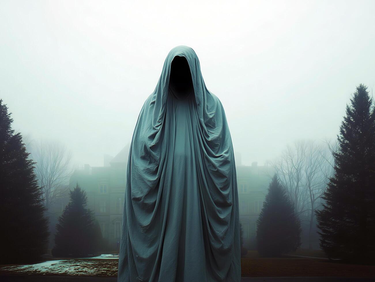 Mysterious figure in foggy forest shrouded in gray cloak. photo