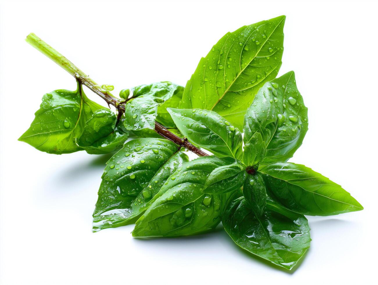 Fresh basil leaves with water droplets isolated on white background. photo