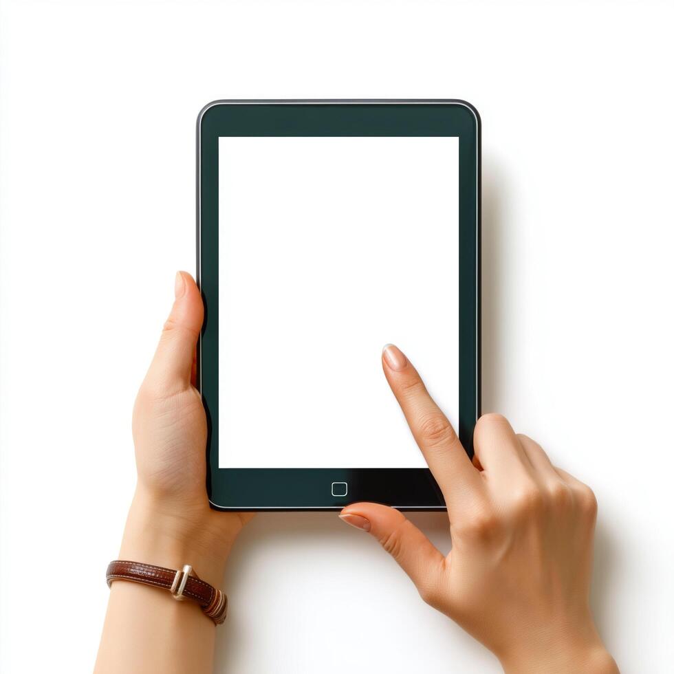 business woman holding a tablet displaying a blank scree photo