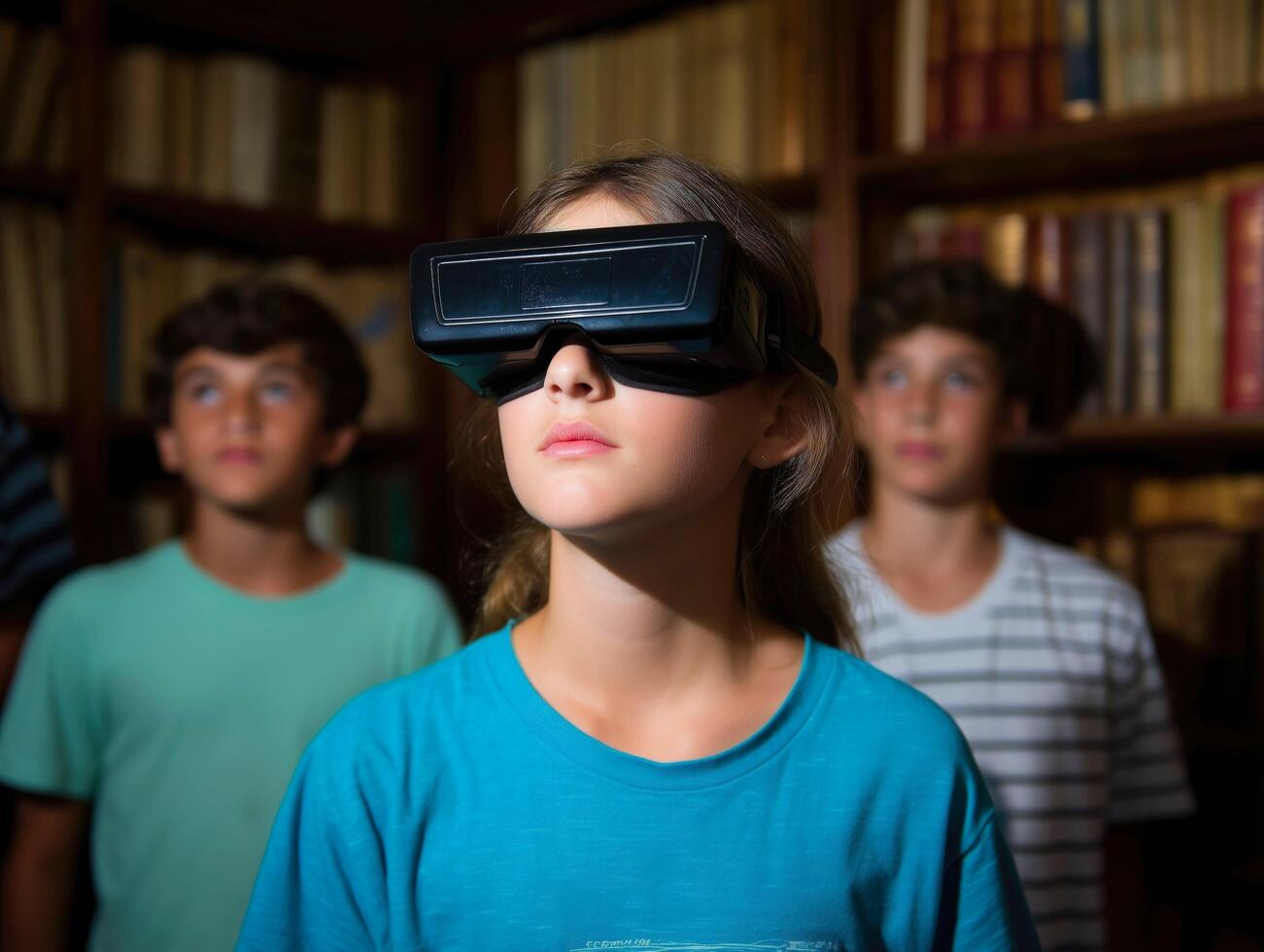 Children exploring virtual reality in a library setting. photo