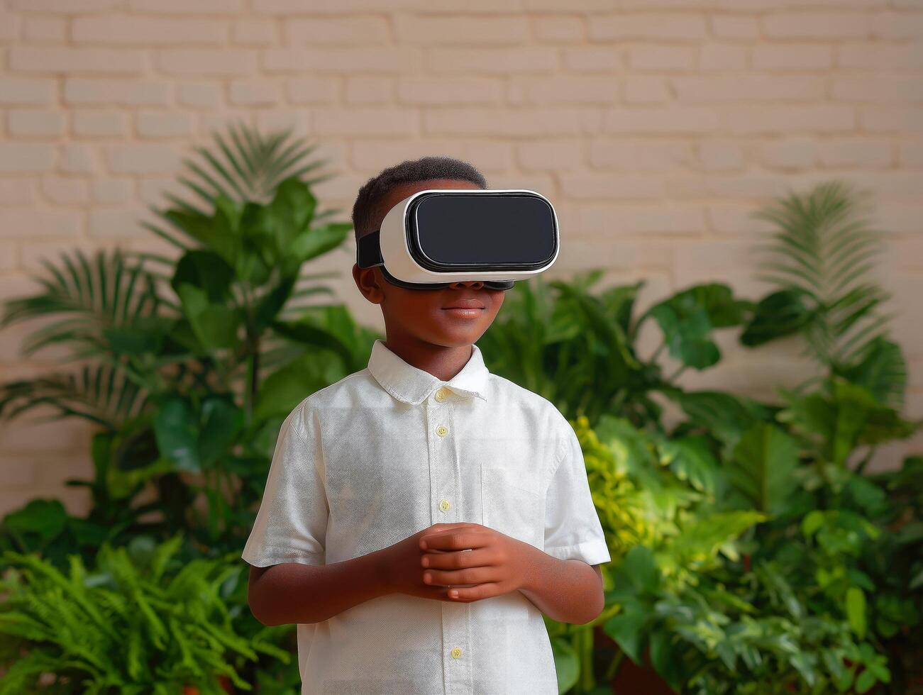 Child exploring virtual reality with headset in lush green setting. photo