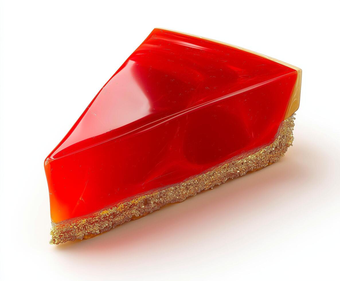Slice of glossy red cake with biscuit base on white background. photo