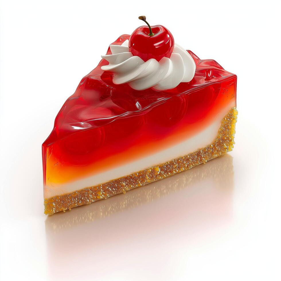 Slice of cherry dessert with cream and cherry on top. photo
