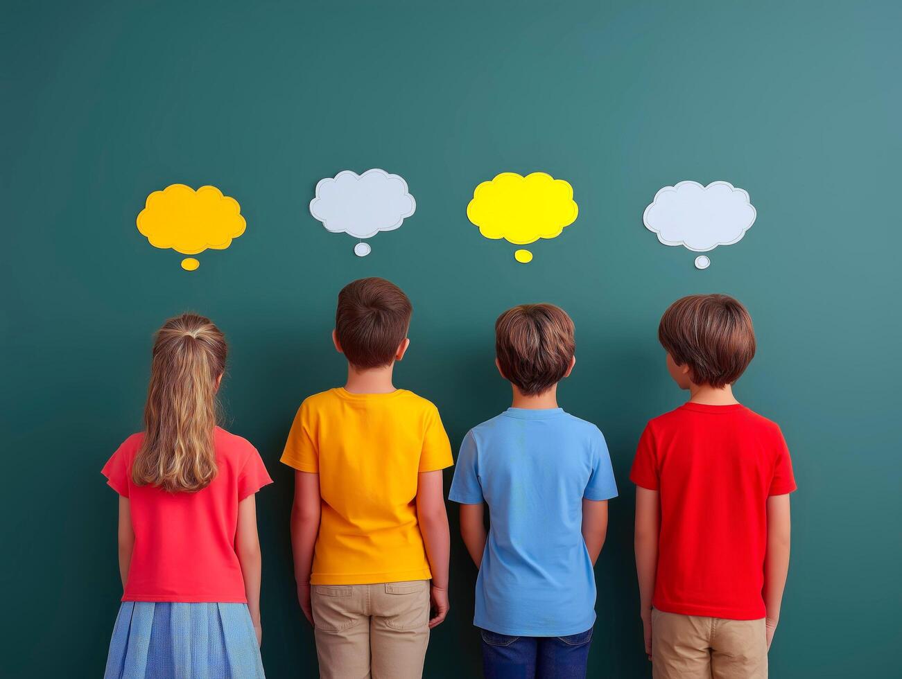 Children with colorful shirts facing wall, thought bubbles above. photo