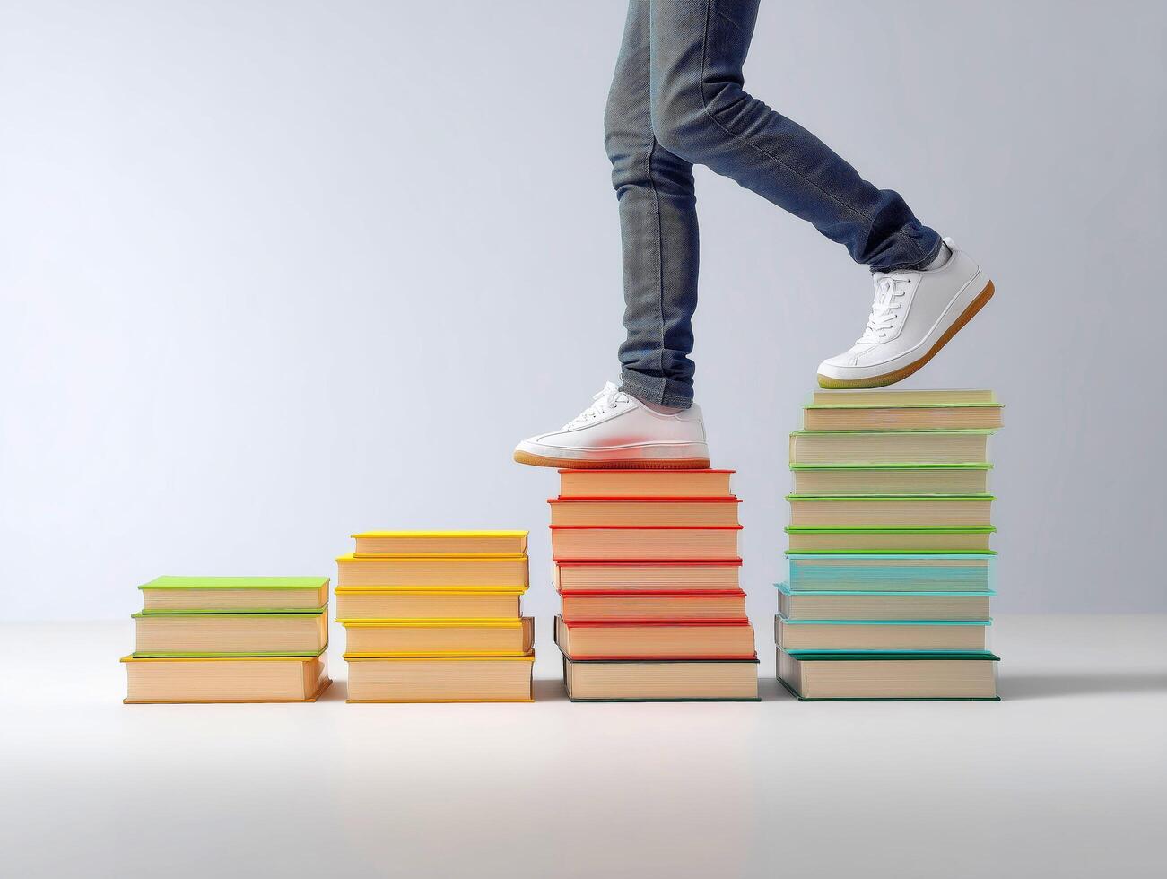 Person stepping on colorful stacked books, concept of learning. photo