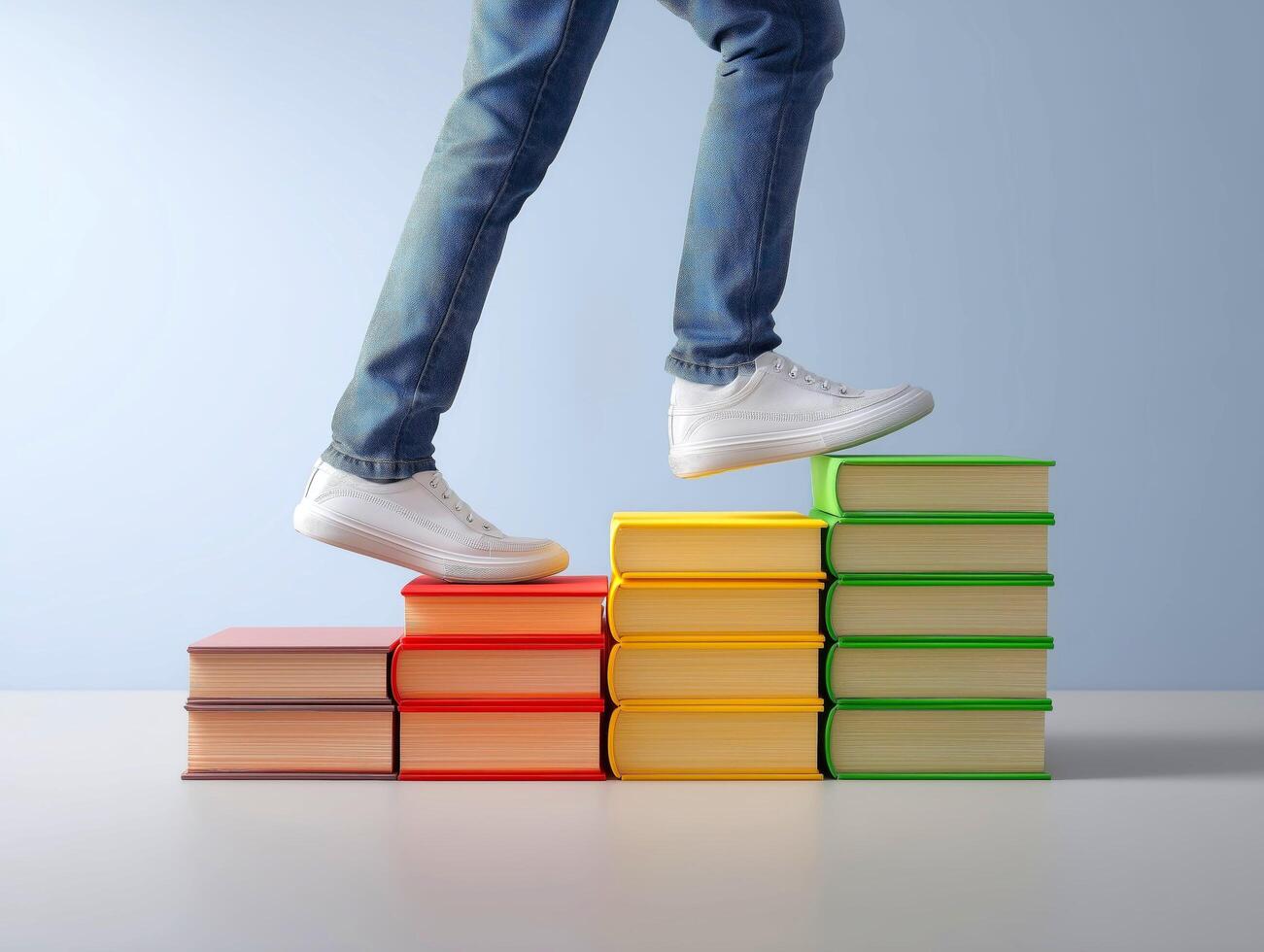Person climbing book stack achieving knowledge and wisdom success. photo