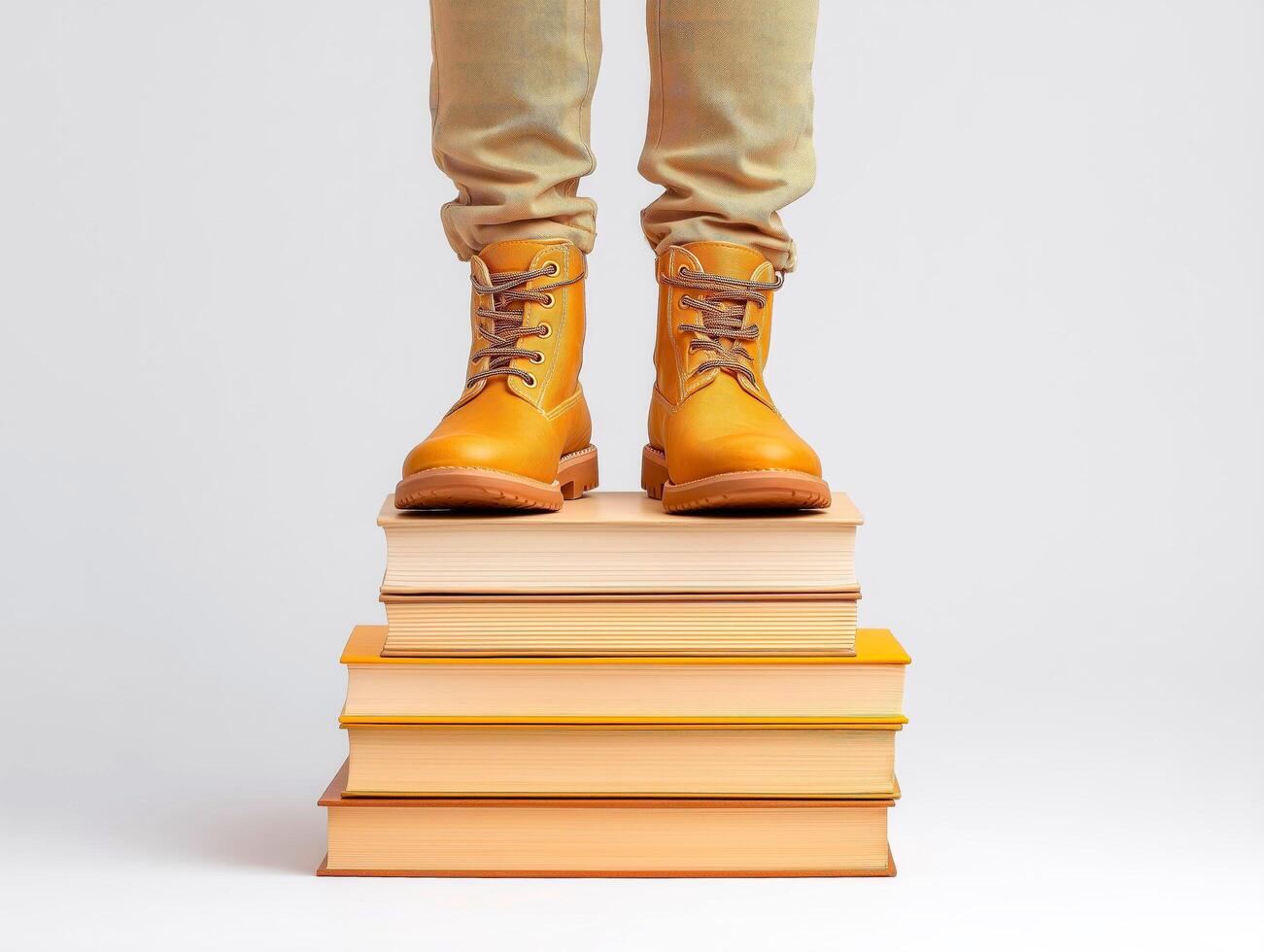 Person stands on stack of books in stylish boots and pants. photo