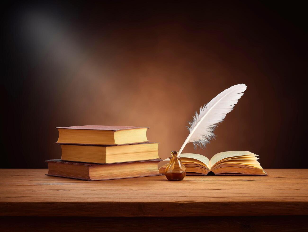 Vintage books and quill on wooden desk in warm light. photo
