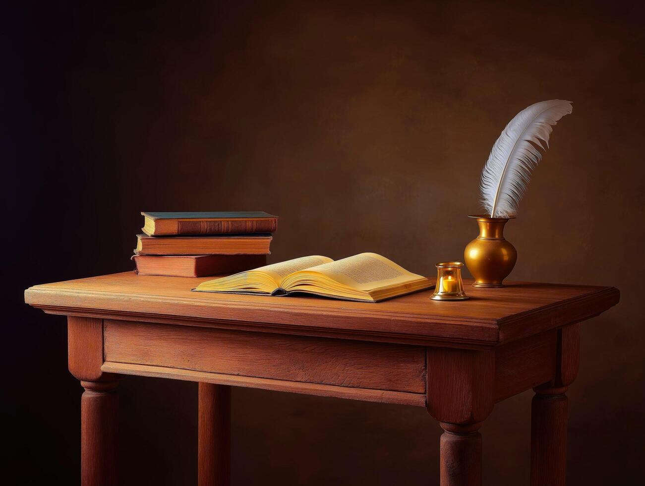 Vintage writing desk with open book, quill, and inkwell. photo