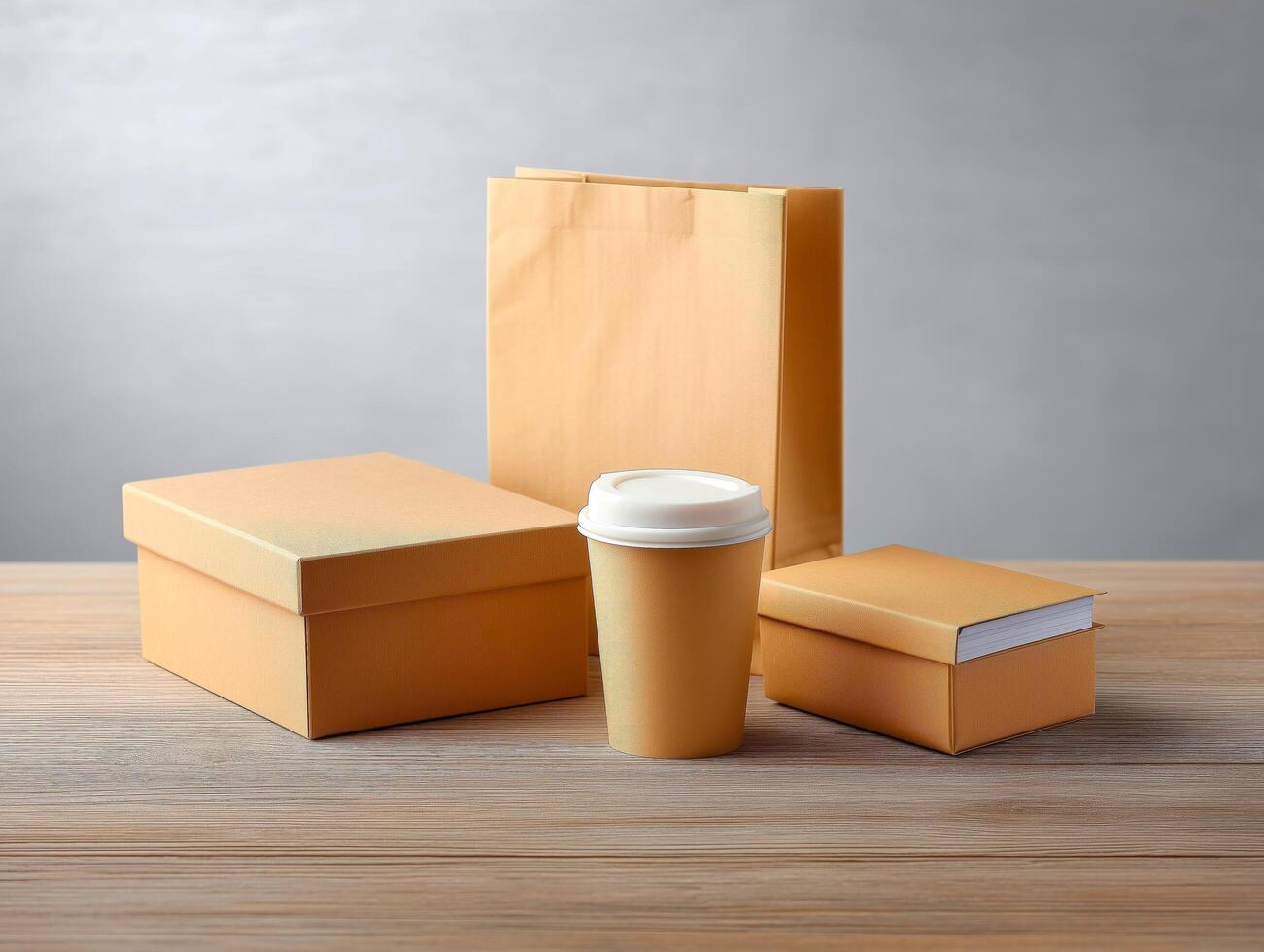 Eco-friendly packaging with boxes and a cup on a wooden table. photo