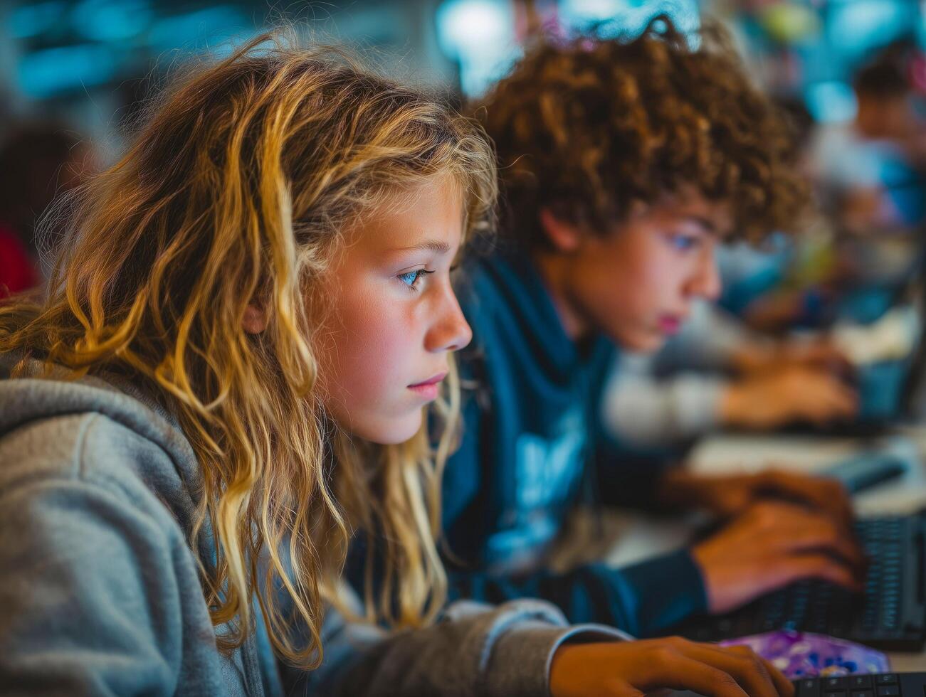 Focused children using laptops in a tech environment. photo