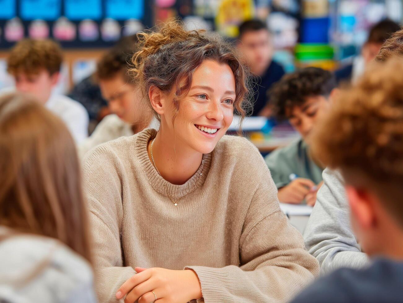 Smiling student in a busy classroom, engaging with classmates. photo
