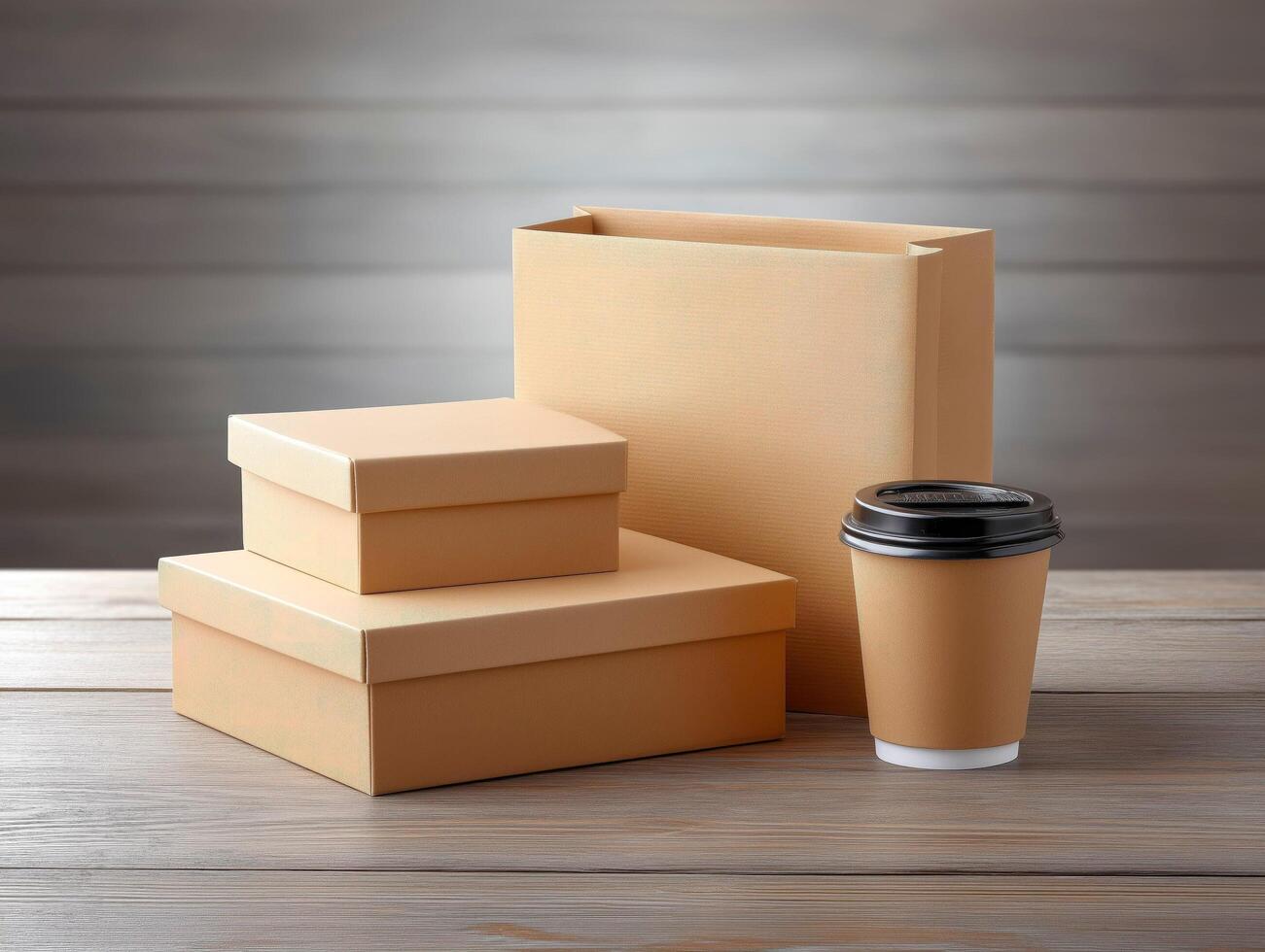 Cardboard boxes and coffee cup on wooden surface, neutral background. photo
