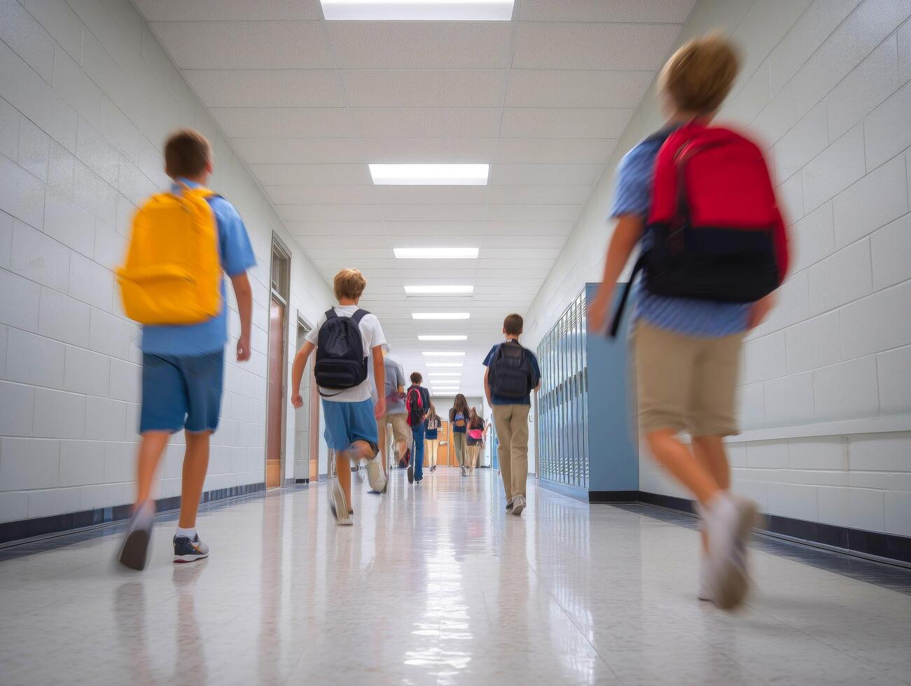 Students walking in school hallway with backpacks, blurred motion. photo