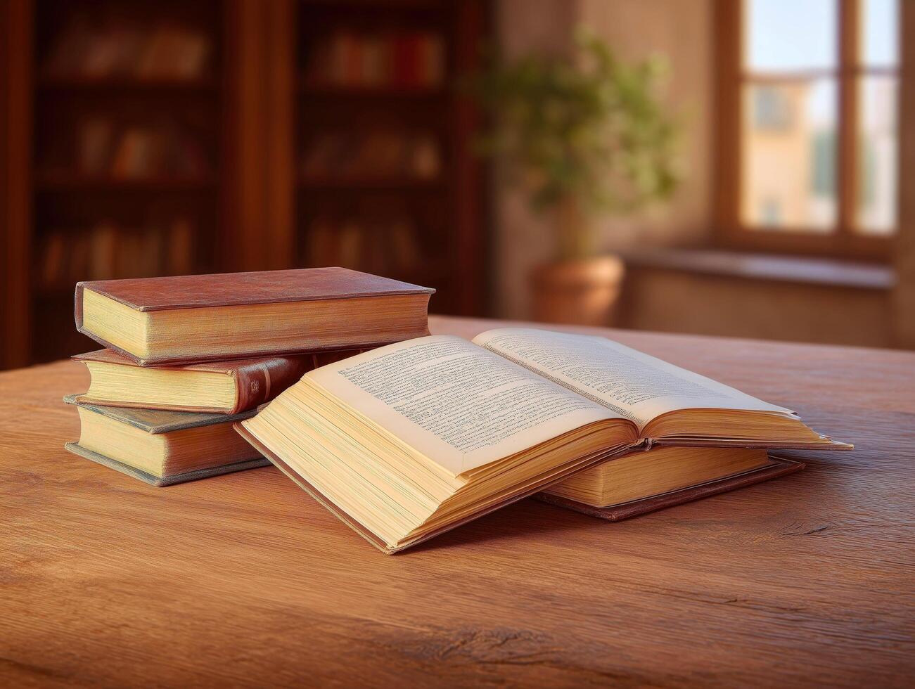 Cozy library scene with open and stacked books on wooden table. photo
