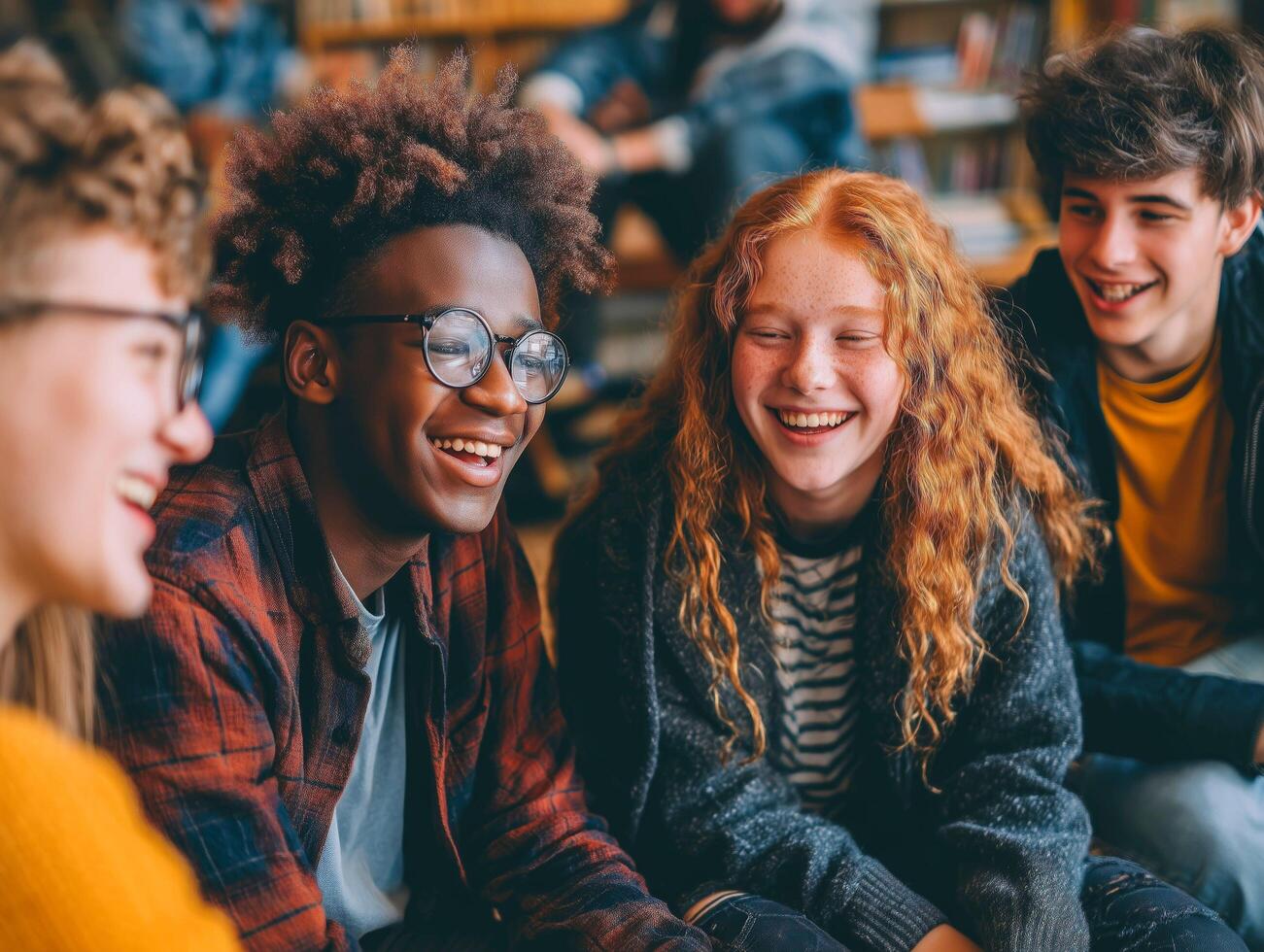 Group of friends laughing and enjoying casual conversation. photo