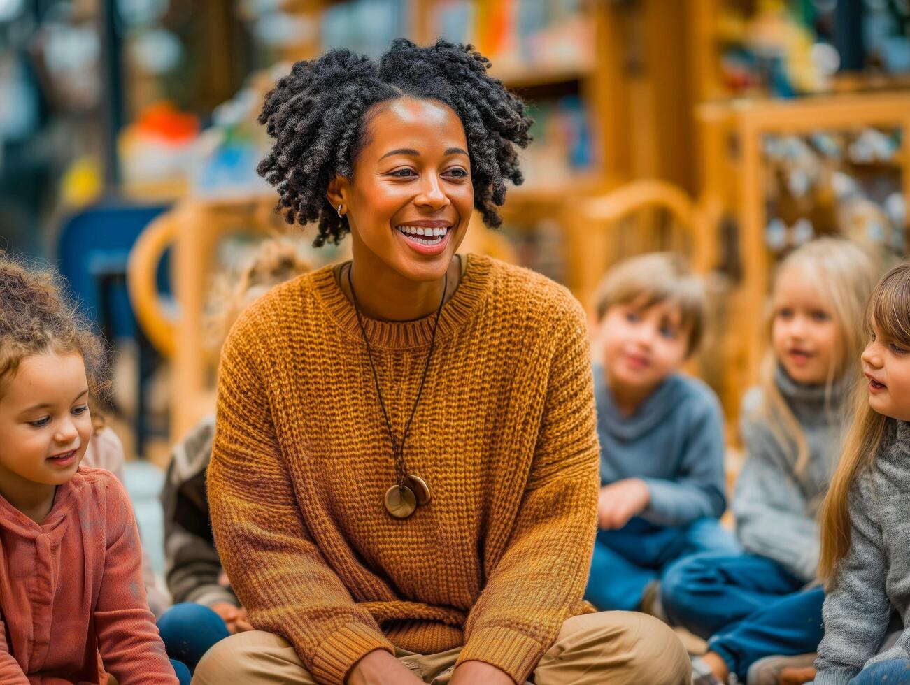 Teacher engaging with children in a classroom setting. photo