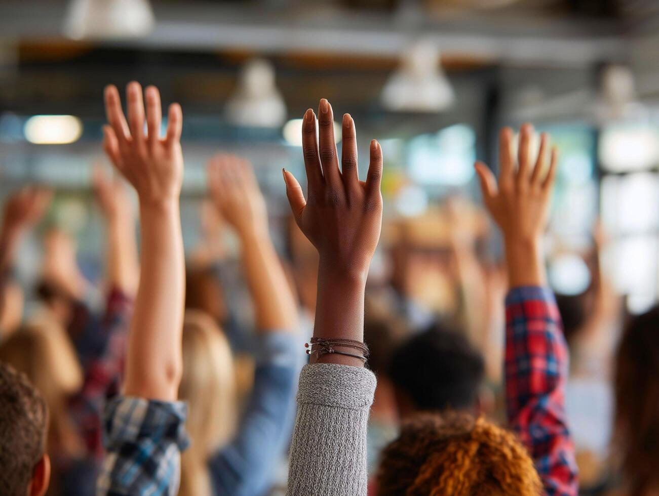Group of students are raising their hands in the air photo