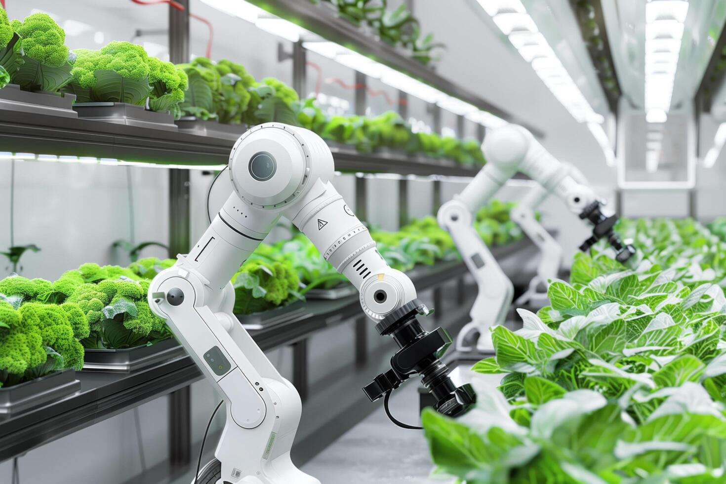 Two robots are tending to plants in a greenhouse photo