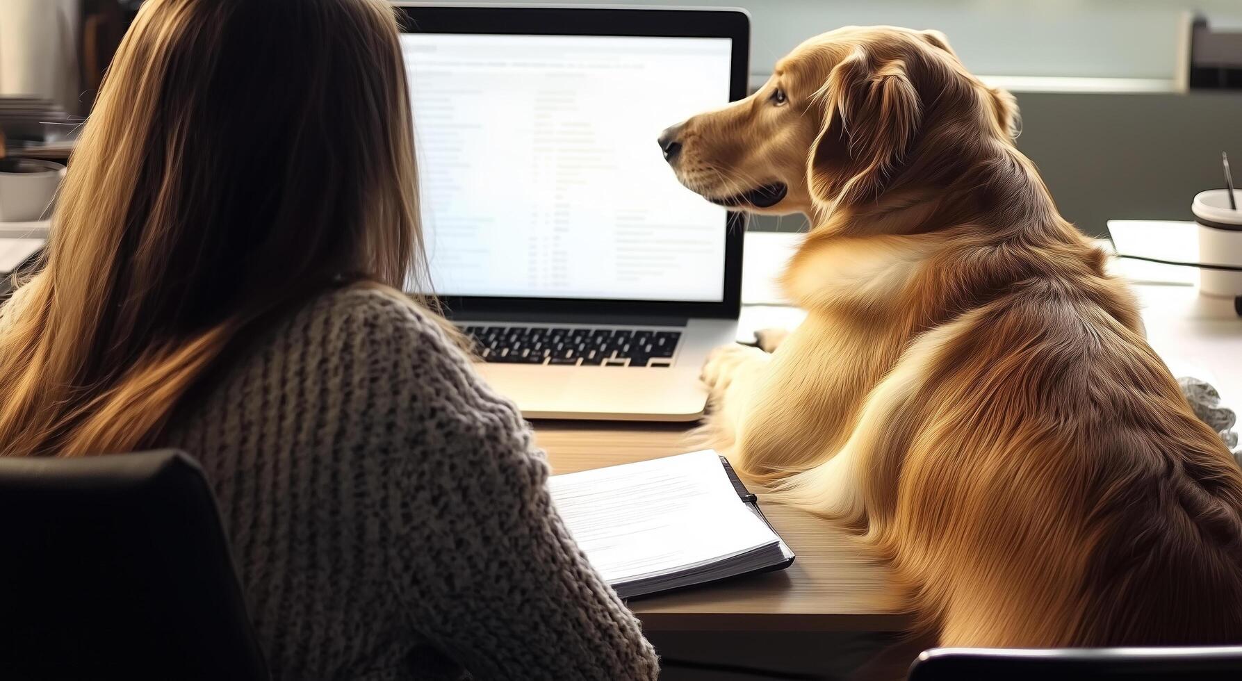 Woman is sitting at a desk with a laptop and a dog laying on the desk photo