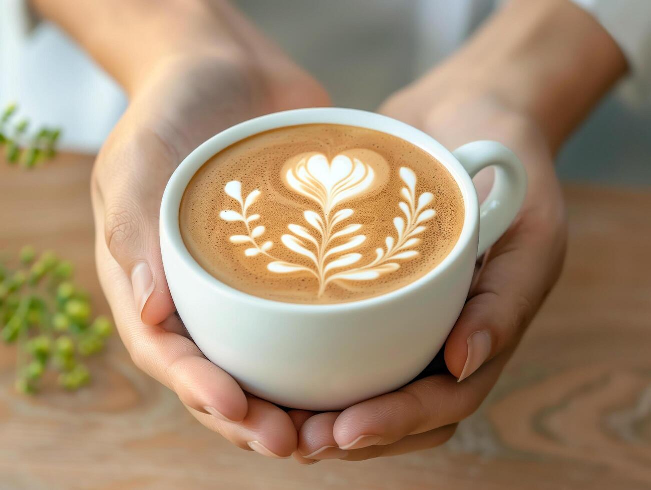 Person is holding a white coffee cup with a heart design on it photo