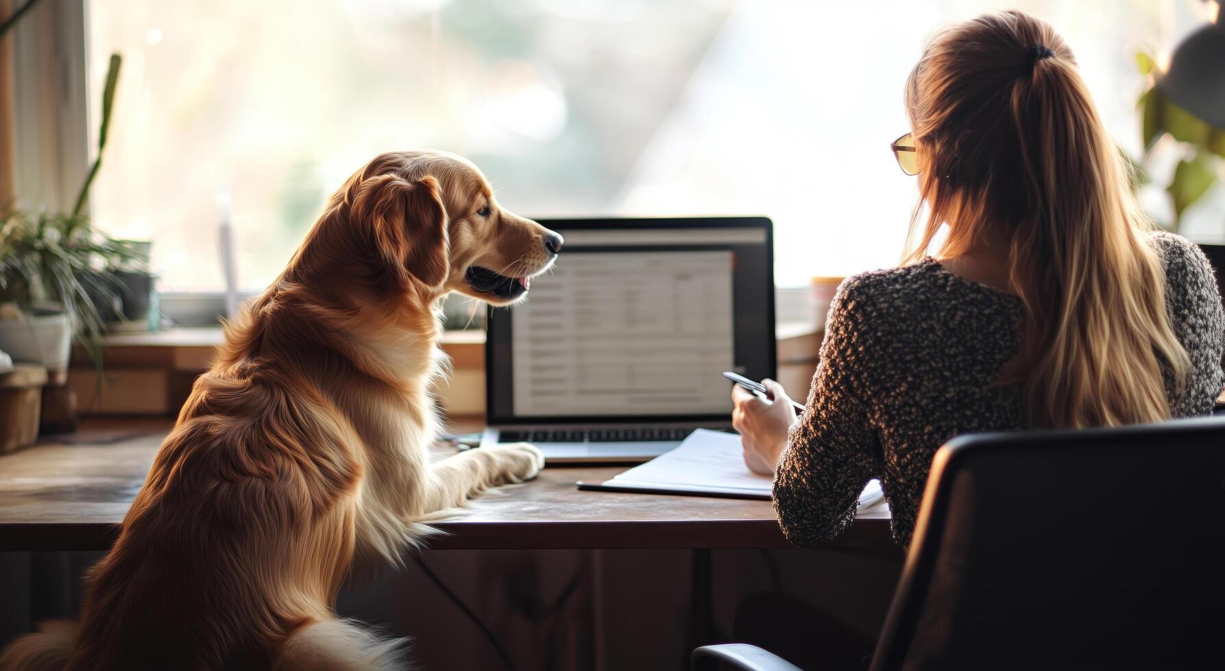 Woman sitting at a desk with a laptop and a dog photo