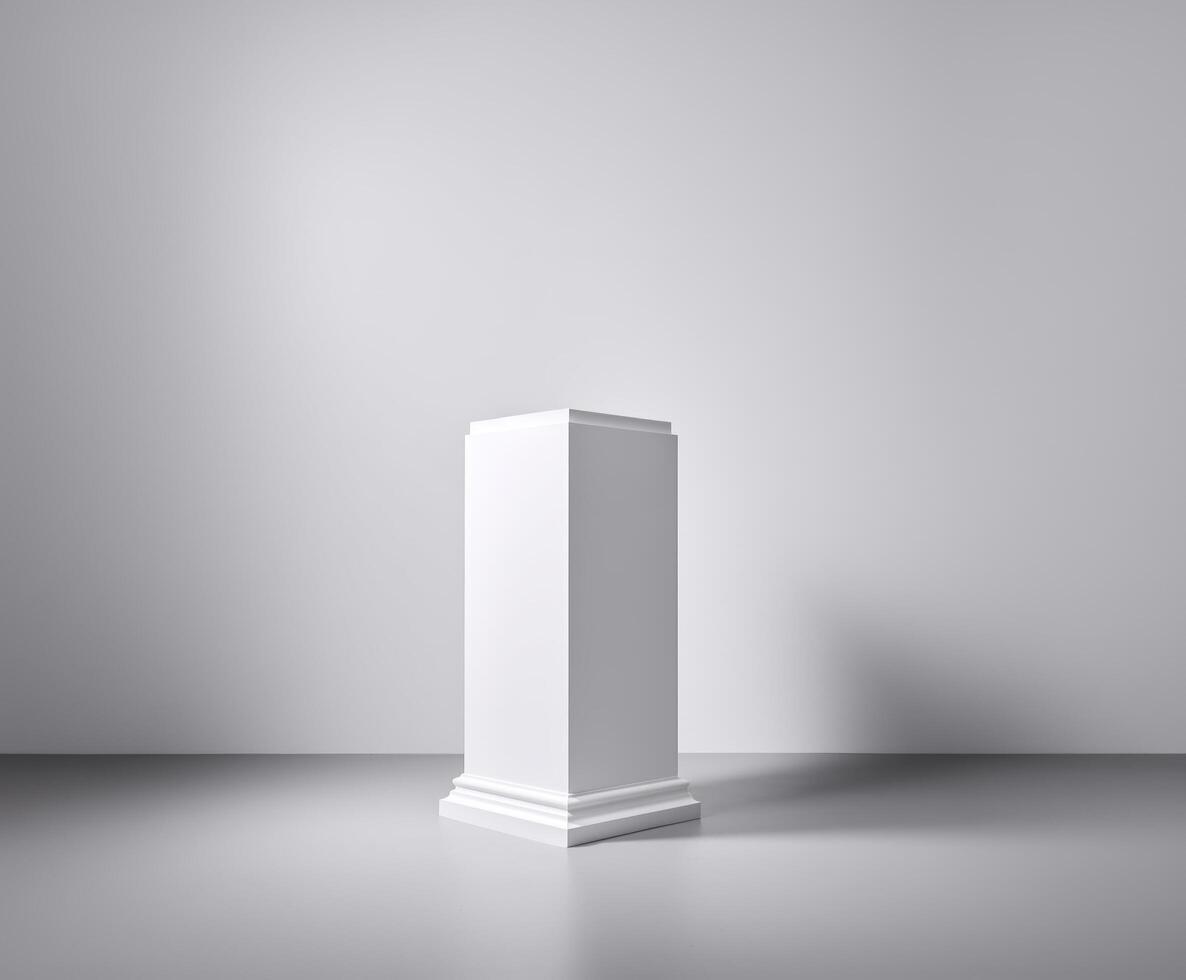 Minimalist white pedestal in an empty, well-lit room. photo