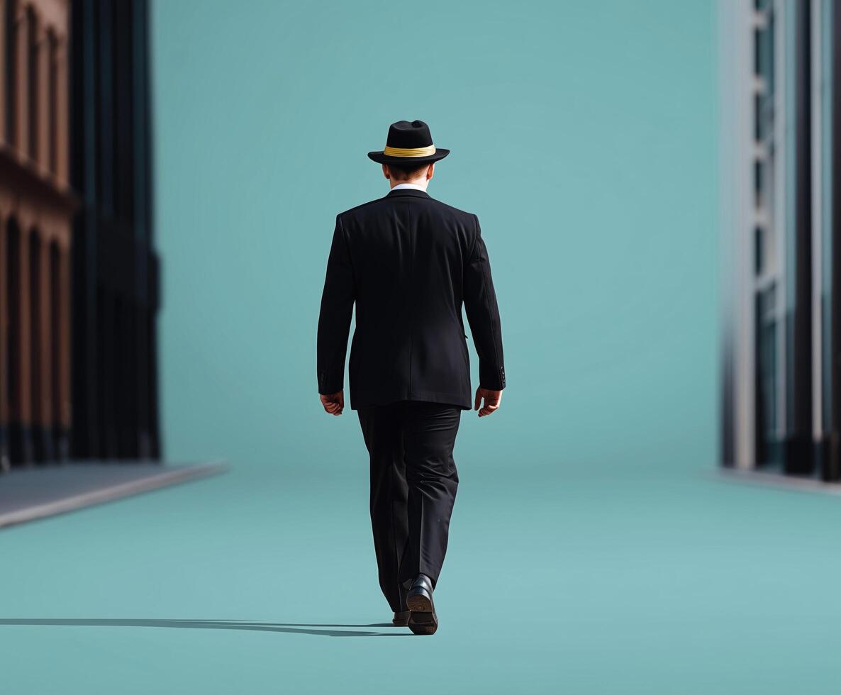 man in a Black Suit walking away photo