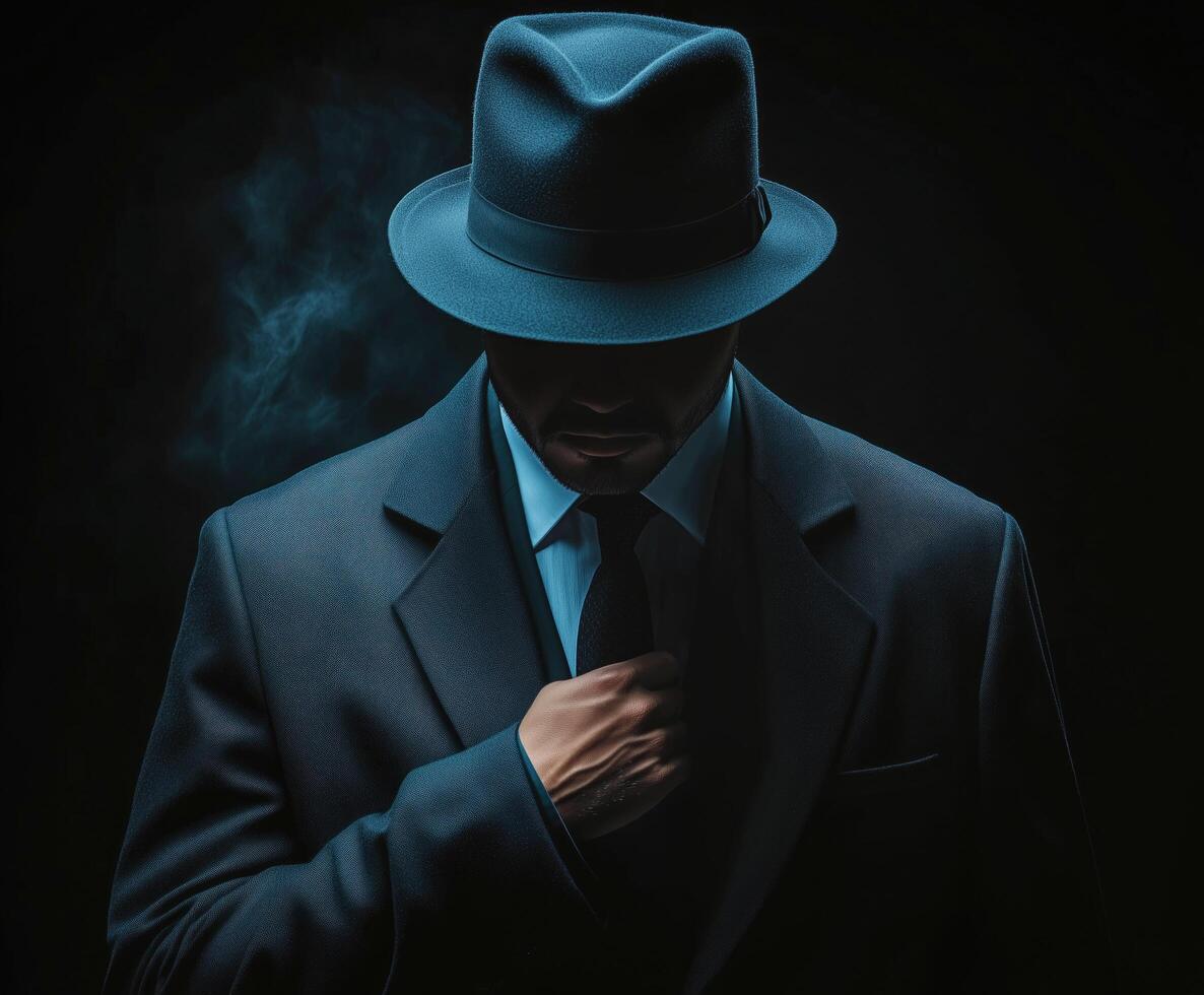 mysterious man in coat in the dark shadows photo
