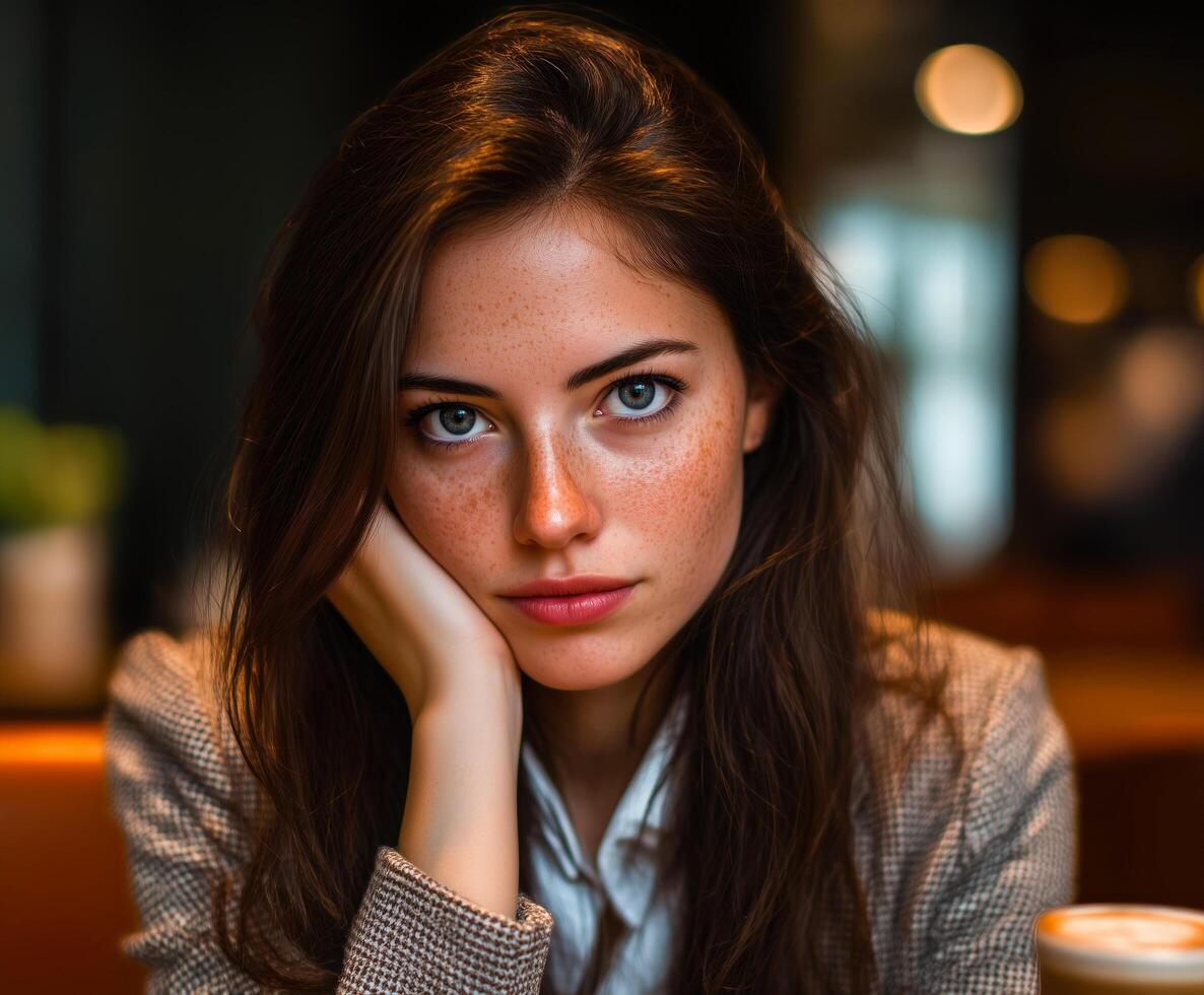 serious girl dark brown hair in a cafe photo