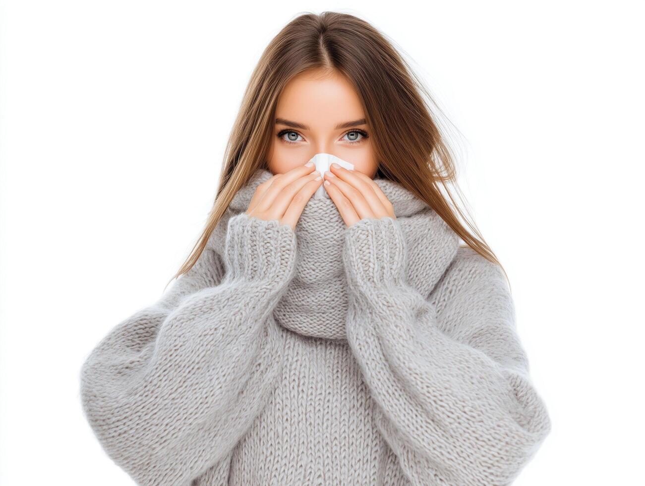 Young woman with tissue wearing cozy sweater photo