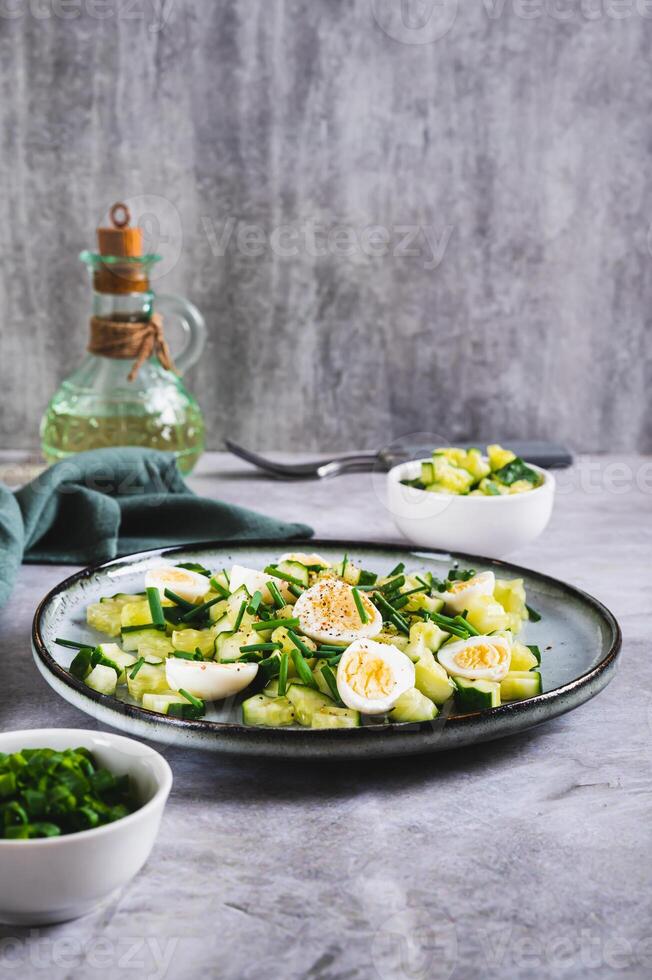 Fresh salad of cucumbers, quail eggs and green onions on a plate on the table vertical view photo