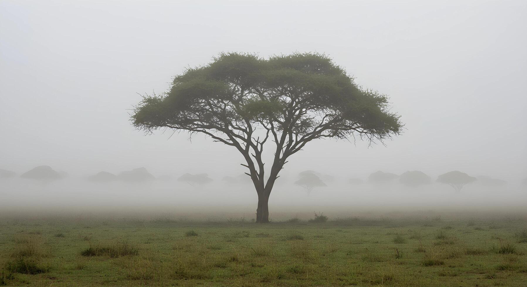 Tree in Foggy Field Landscape photo