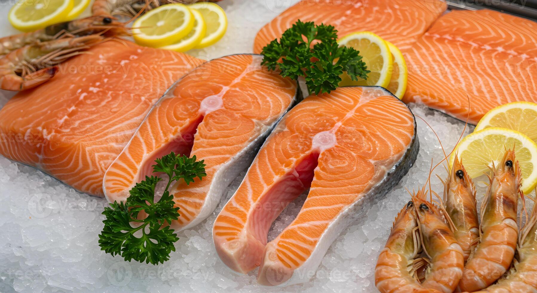 Fresh Salmon Fillet and Shrimp on Ice photo