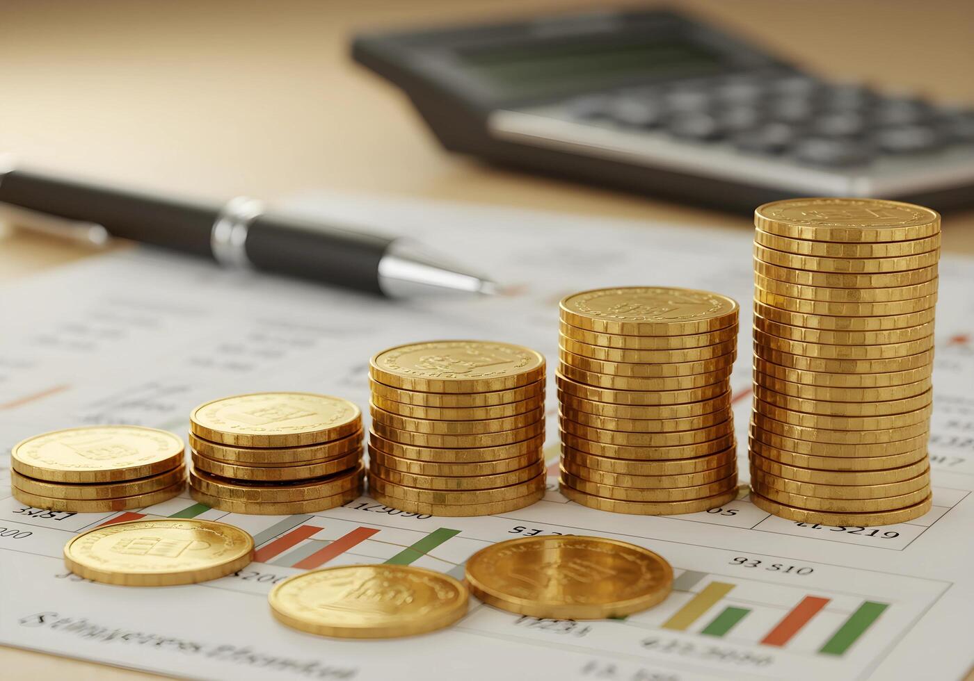 Gold Coins on Chart with Pen and Calculator photo